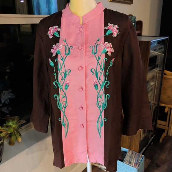 Bob Mackie Tops - NWT Bob Macke Floral Embroidered Pink and Brown Women's Button Up Blouse Size L